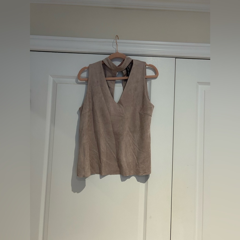 Design Lab faux suede v neck sleeveless top with built in choker-style neck